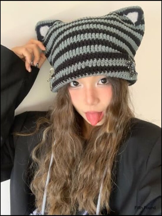 Y2K Cat Ear Beanie Cute Kawaii Grunge Star Crochet Hat Pompom Acubi Devil Scene main image 5